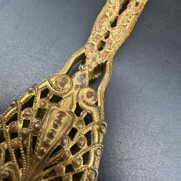 Antique Vanity Hand Mirror Red Velvet Guilloche Enamel Plaque Floral Brass - Picture 7 of 12